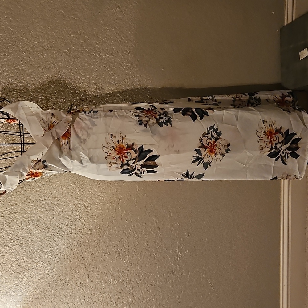 Floral Maxi Dress - White with Black and Orange Accents